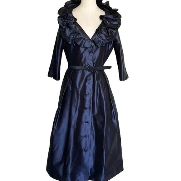 Teri Jon Rickie Freeman Blue Metallic Ruffle Rosette Collar Taffeta Dress Sz 16 - Picture 1 of 6